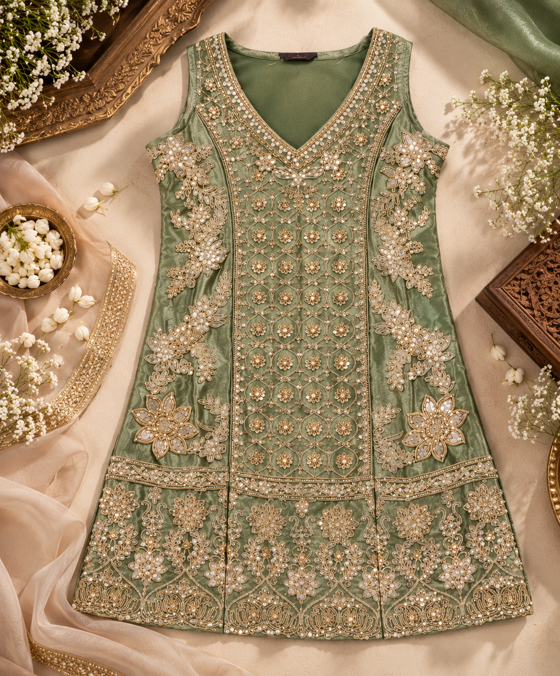 Olive Green Zari & Sequin Embroidered Palazzo Suit Set