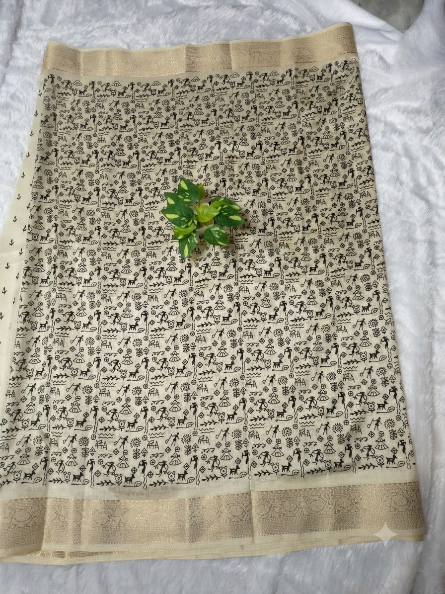 Warli Print Modal Silk Saree — Cream | Gold Zari Border | Tribal Folk Art