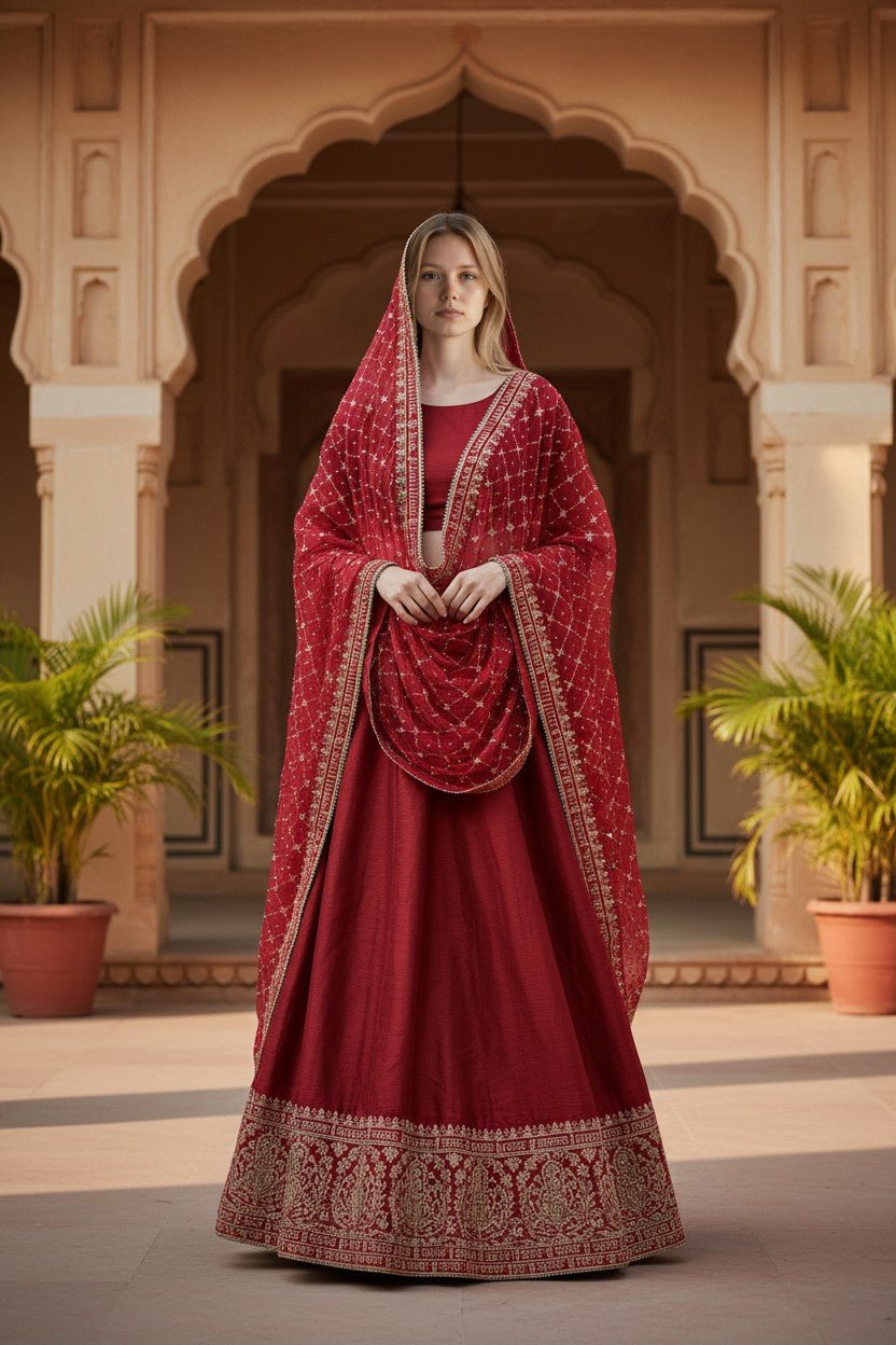 Red Bridal Net Dupatta with Gold Zardozi Jaal Work | Sada Saubhagyavati Bhava Sanskrit Border | Wedding Dupatta with Ghungroo Lace | 2.5m