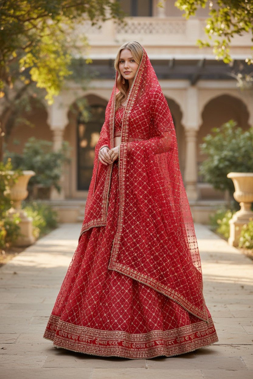Red Bridal Net Dupatta with Gold Zardozi Jaal Work | Sada Saubhagyavati Bhava Sanskrit Border | Wedding Dupatta with Ghungroo Lace | 2.5m
