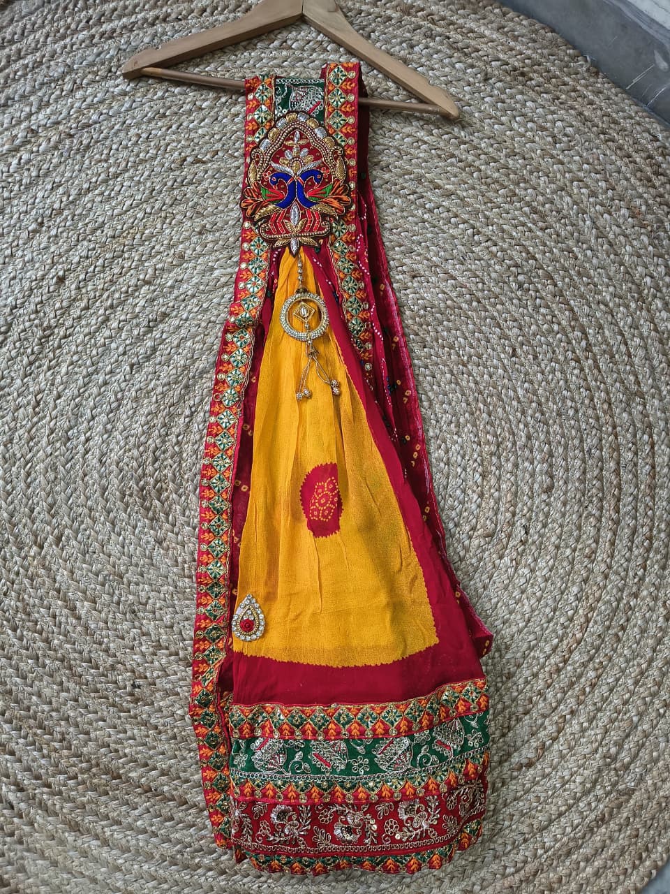Rajasthani Bandhani Brooch Dupatta with Peacock Embroidery & Gota Patti Work