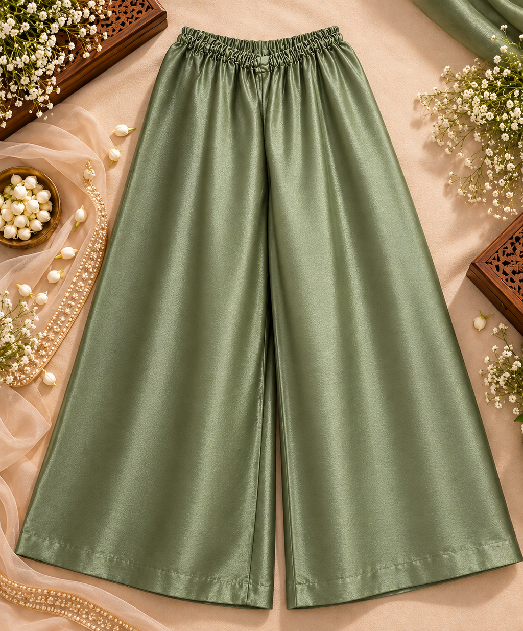 Olive Green Zari & Sequin Embroidered Palazzo Suit Set