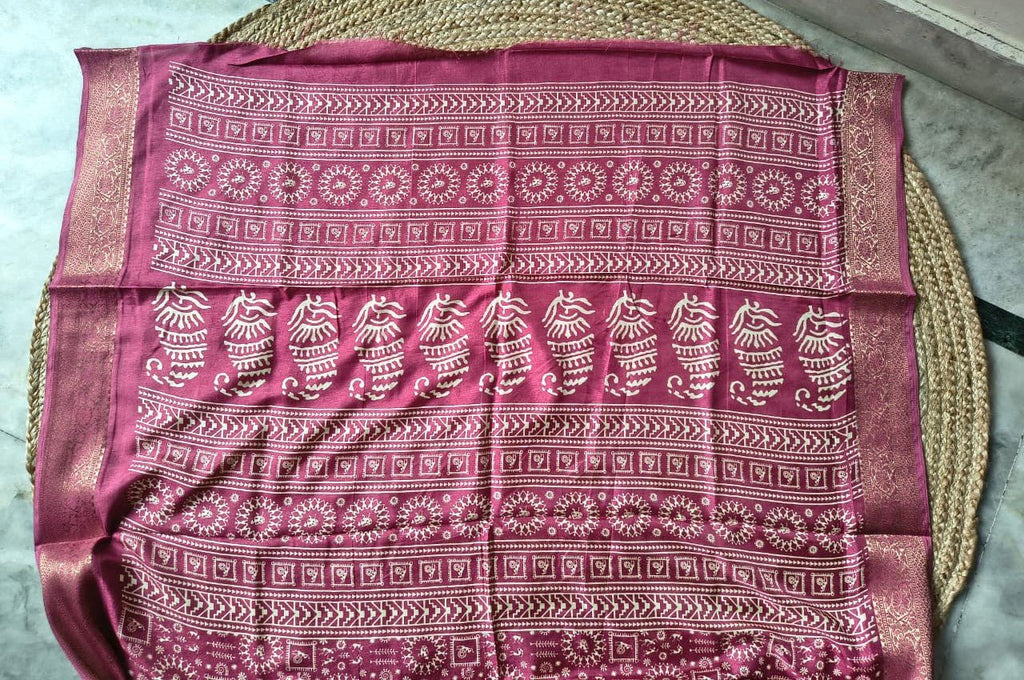 Warli Tribal Art Modal Silk Saree with Gold Banarasi Zari Border | Soft Modal Silk | Unstitched Blouse Included | 6 Colors