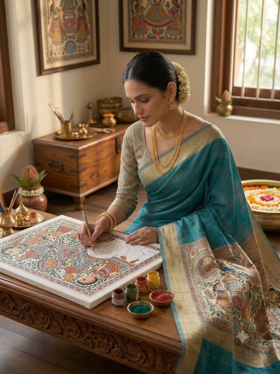 Modal Silk Madhubani Print Saree — Peacock Blue | With Blouse Piece