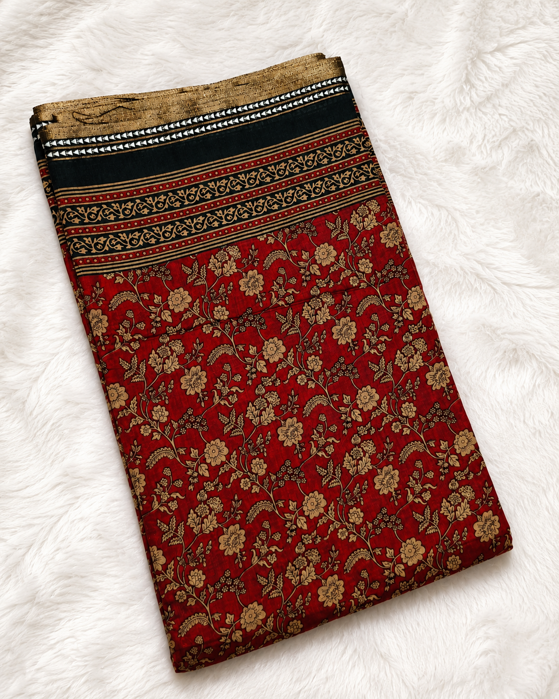 Mul Cotton Saree — Maroon Ajrakh Block Print with Bottle Green Border | With Blouse Piece