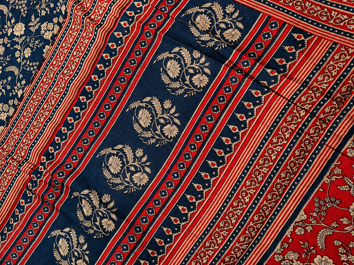 Mul Cotton Saree — Navy Blue Ajrakh Block Print | With Blouse Piece