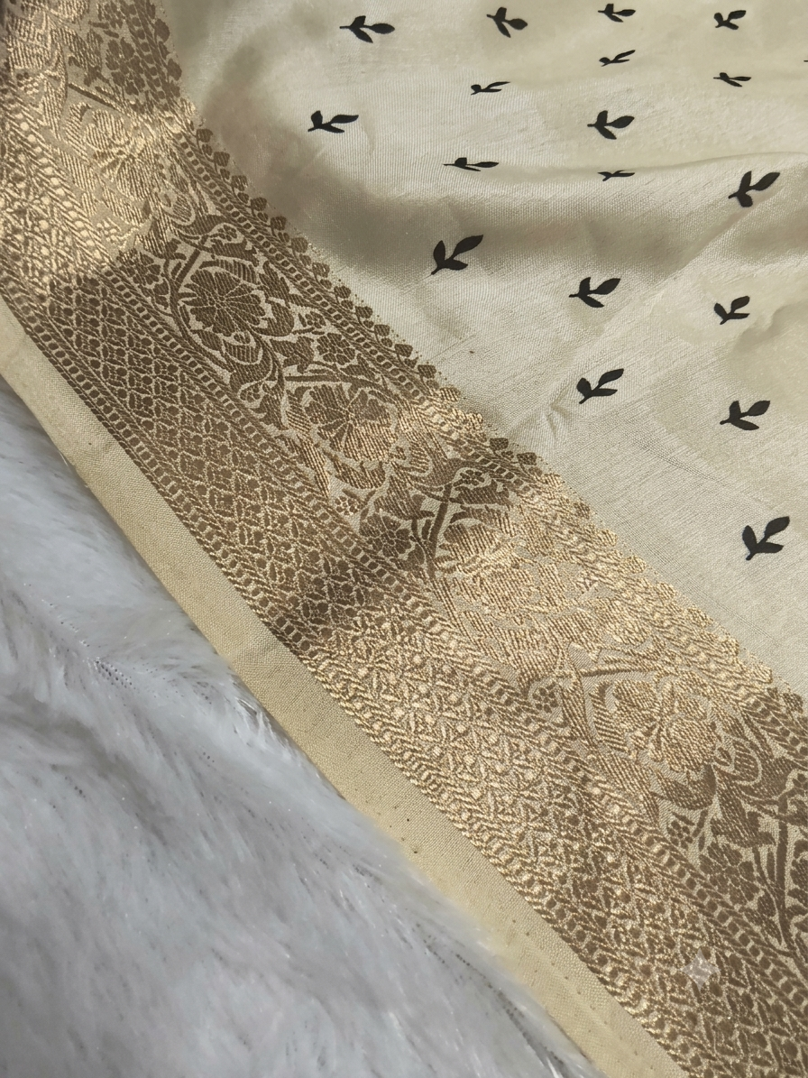 Warli Print Modal Silk Saree — Cream | Gold Zari Border | Tribal Folk Art