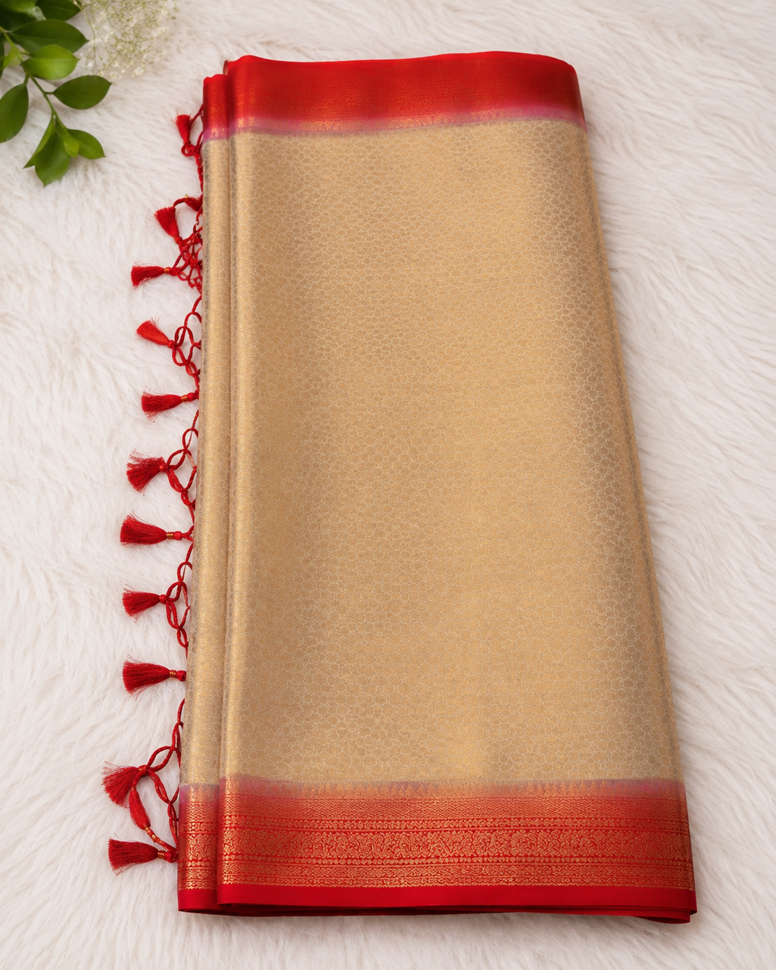 Soft Silk Kanjeevaram Style Saree — Beige with Red Zari Border | With Blouse Piece