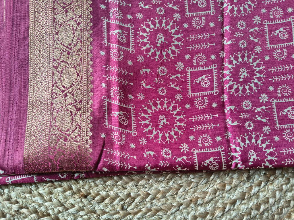 Warli Tribal Art Modal Silk Saree with Gold Banarasi Zari Border | Soft Modal Silk | Unstitched Blouse Included | 6 Colors