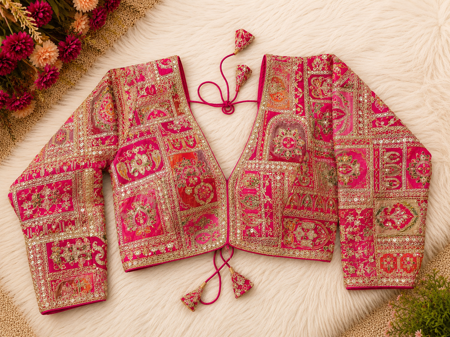 Silk Patchwork Embroidery Designer Blouse — Full Sleeve | 9 Colours | Readymade
