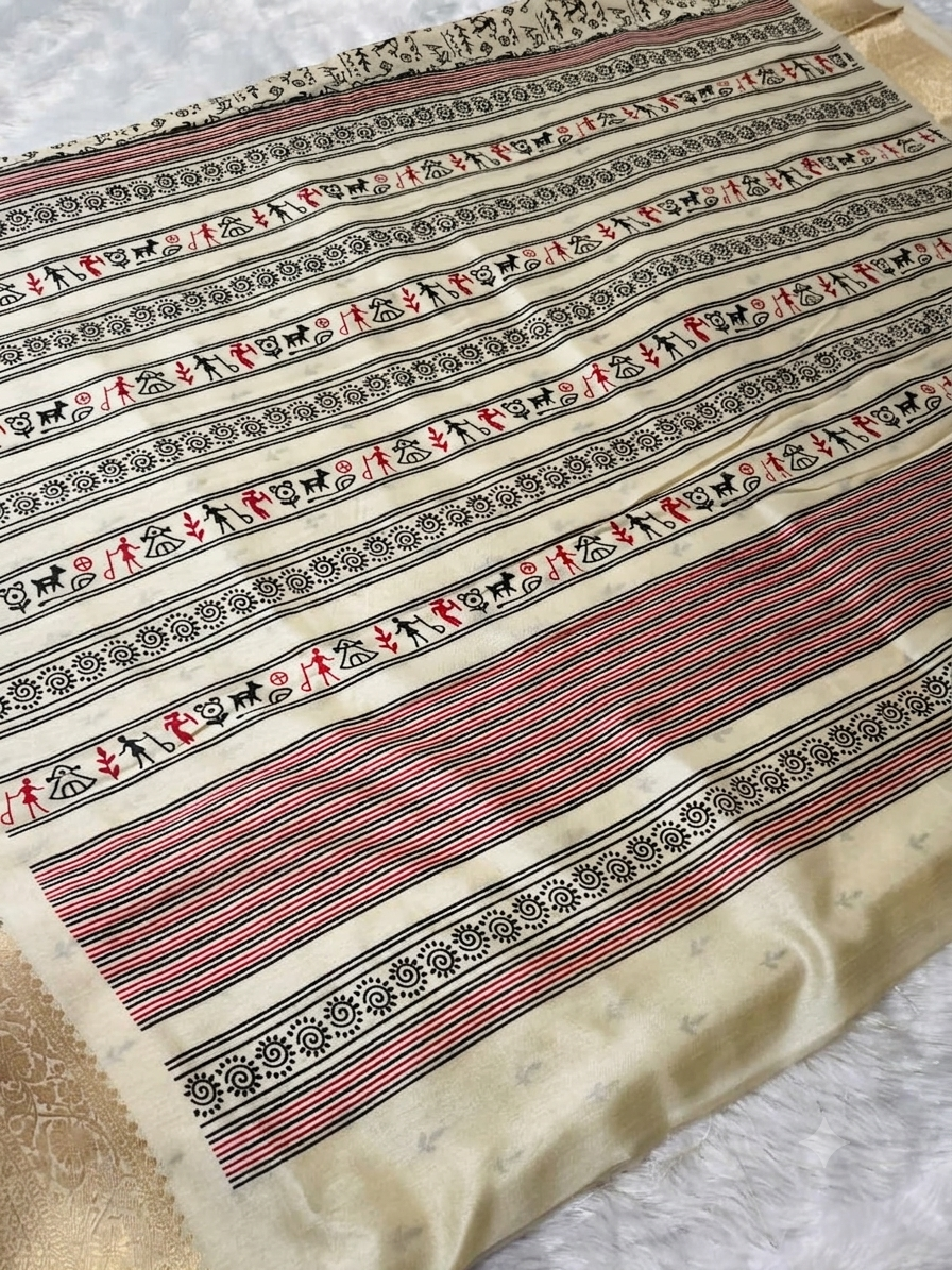 Warli Print Modal Silk Saree — Cream | Gold Zari Border | Tribal Folk Art