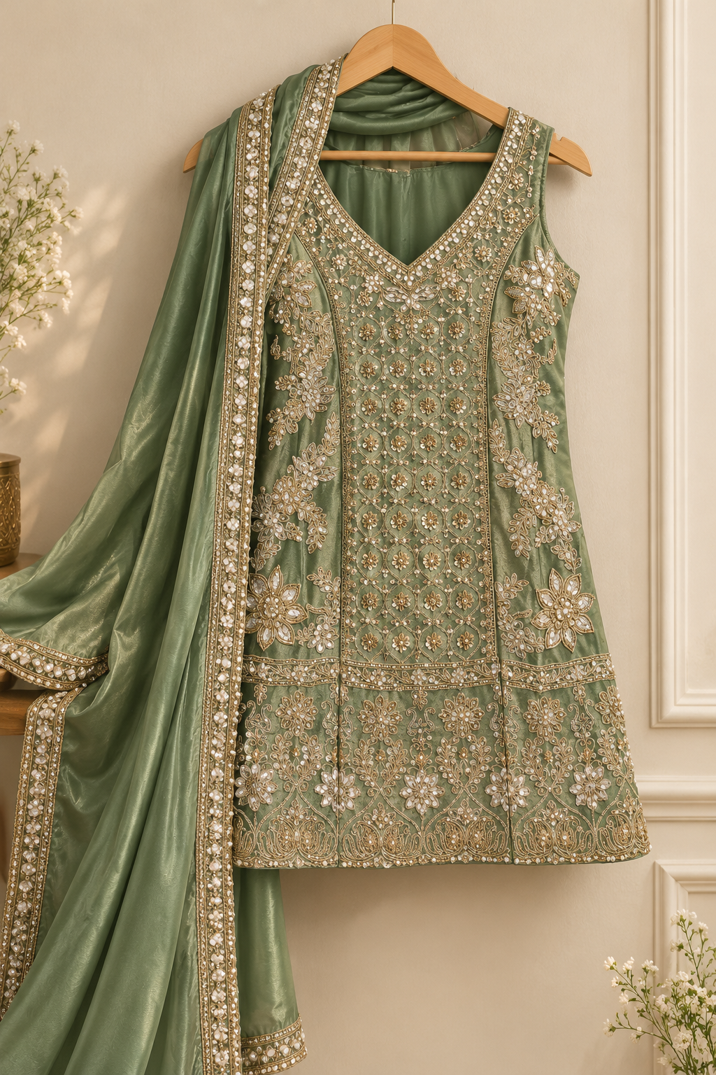 Olive Green Zari & Sequin Embroidered Palazzo Suit Set