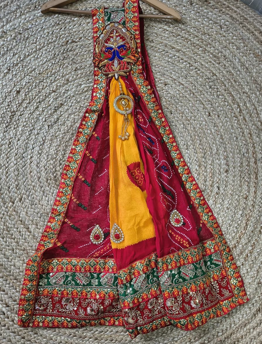 Rajasthani Bandhani Brooch Dupatta with Peacock Embroidery & Gota Patti Work
