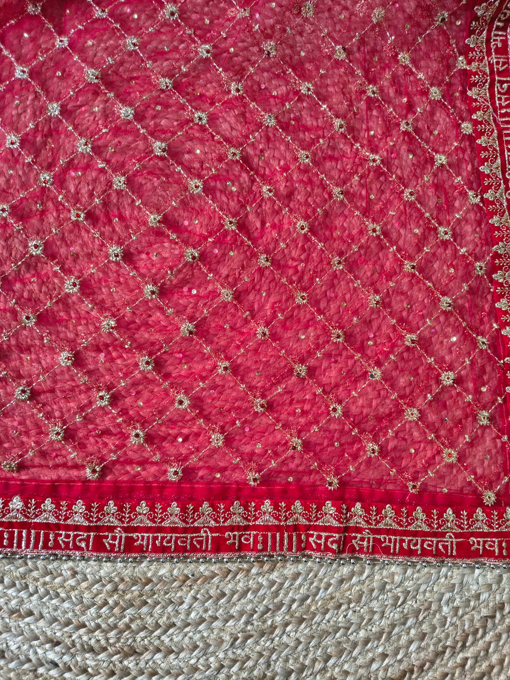 Red Bridal Net Dupatta with Gold Zardozi Jaal Work | Sada Saubhagyavati Bhava Sanskrit Border | Wedding Dupatta with Ghungroo Lace | 2.5m