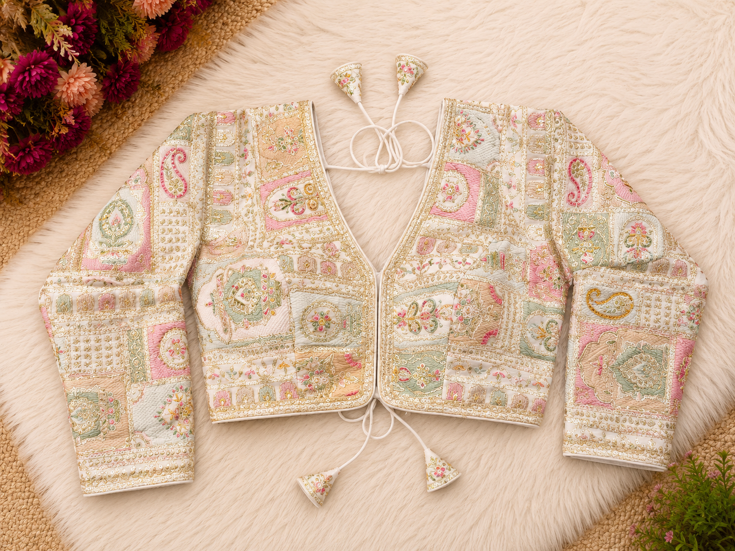 Silk Patchwork Embroidery Designer Blouse — Full Sleeve | 9 Colours | Readymade