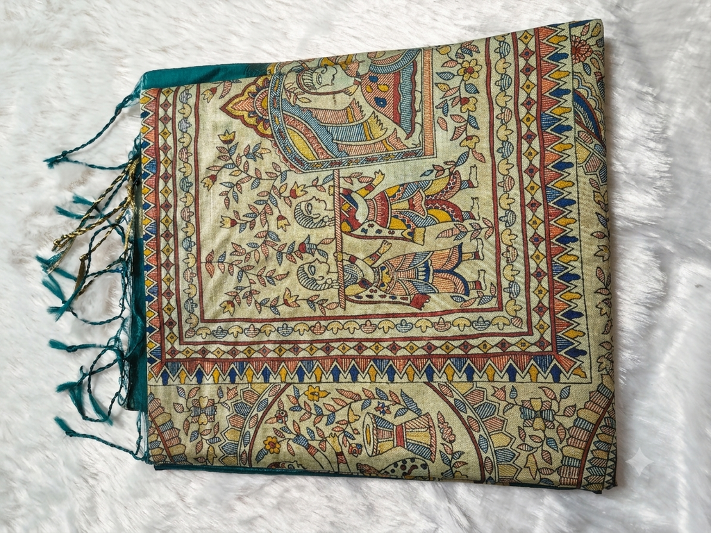 Modal Silk Madhubani Print Saree — Peacock Blue | With Blouse Piece