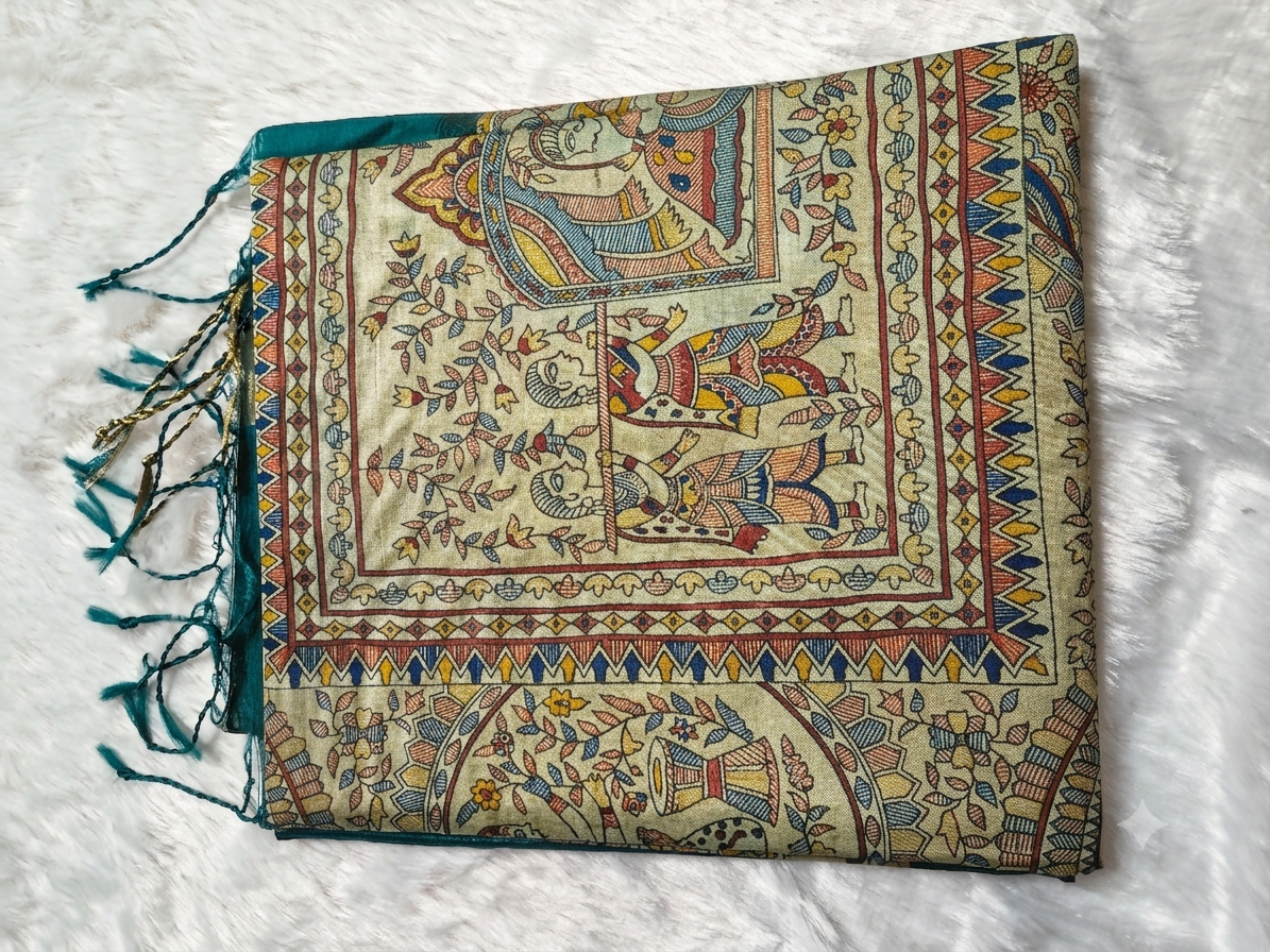 Modal Silk Madhubani Print Saree — Peacock Blue | With Blouse Piece