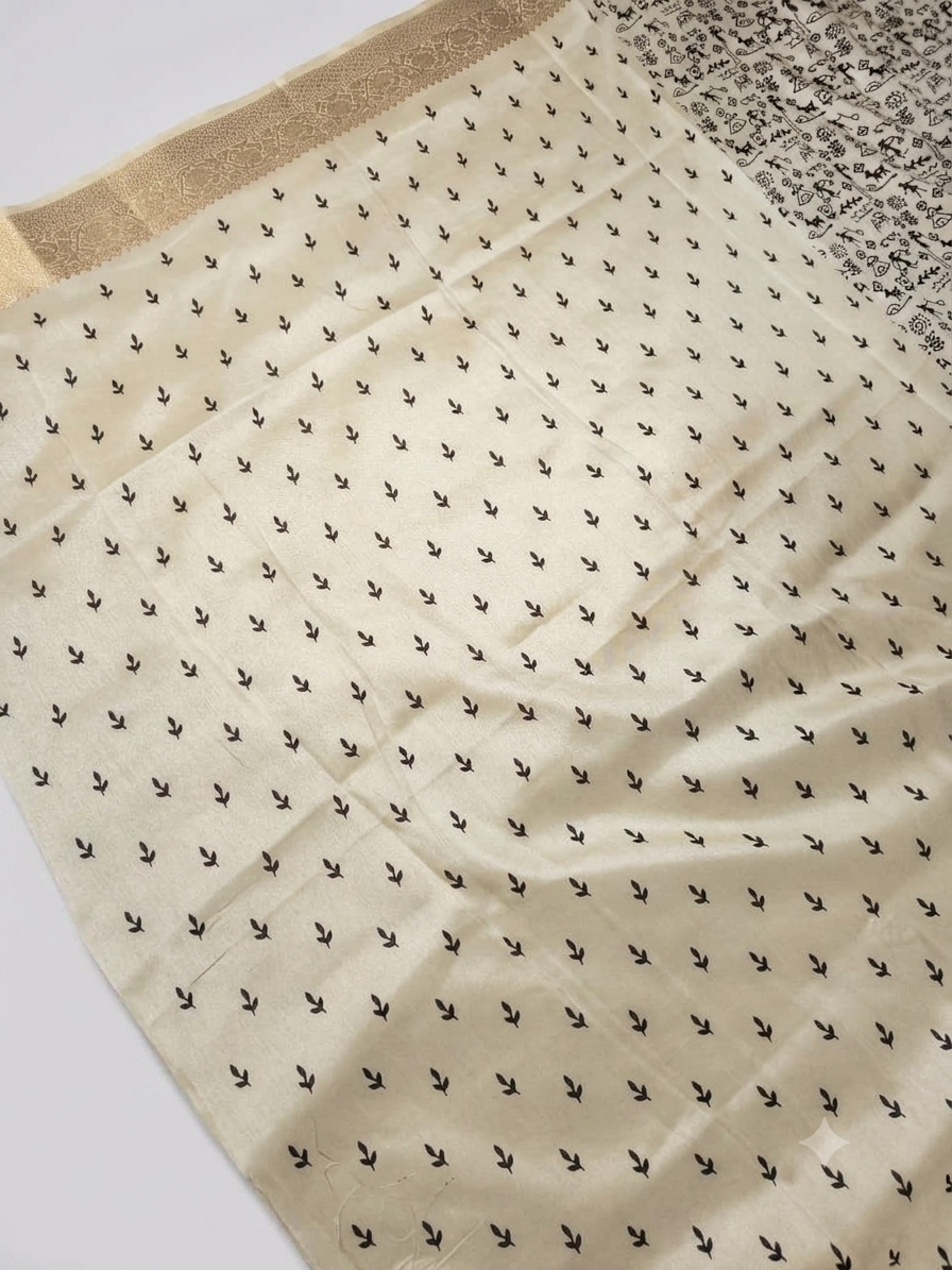 Warli Print Modal Silk Saree — Cream | Gold Zari Border | Tribal Folk Art