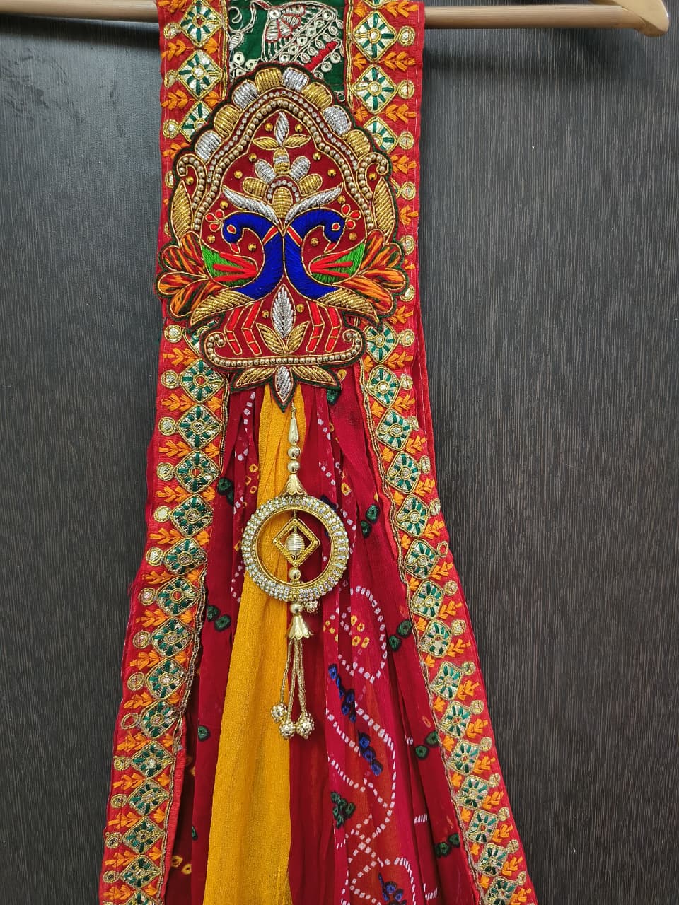 Rajasthani Bandhani Brooch Dupatta with Peacock Embroidery & Gota Patti Work