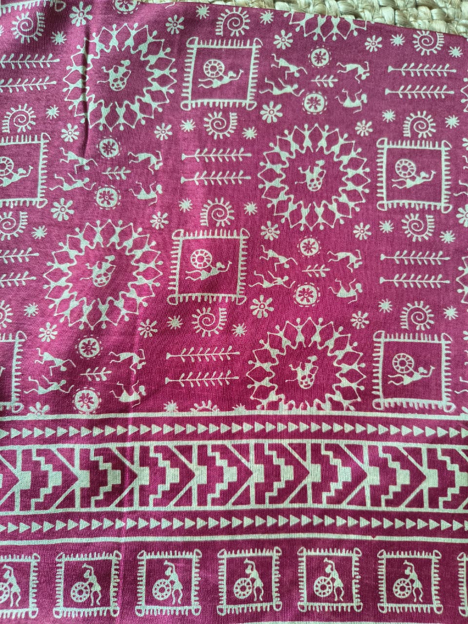 Warli Tribal Art Modal Silk Saree with Gold Banarasi Zari Border | Soft Modal Silk | Unstitched Blouse Included | 6 Colors