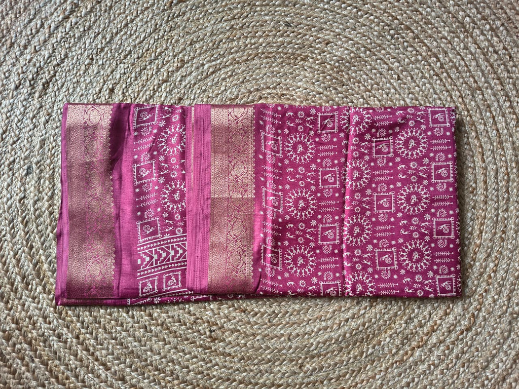Warli Tribal Art Modal Silk Saree with Gold Banarasi Zari Border | Soft Modal Silk | Unstitched Blouse Included | 6 Colors