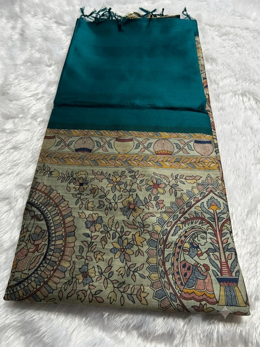 Modal Silk Madhubani Print Saree — Peacock Blue | With Blouse Piece