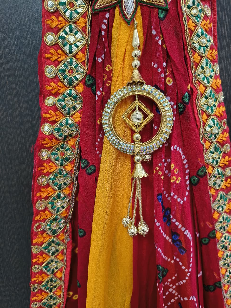 Rajasthani Bandhani Brooch Dupatta with Peacock Embroidery & Gota Patti Work