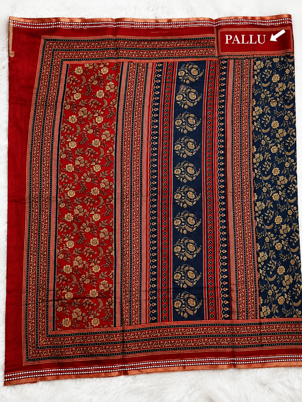 Mul Cotton Saree — Navy Blue Ajrakh Block Print | With Blouse Piece