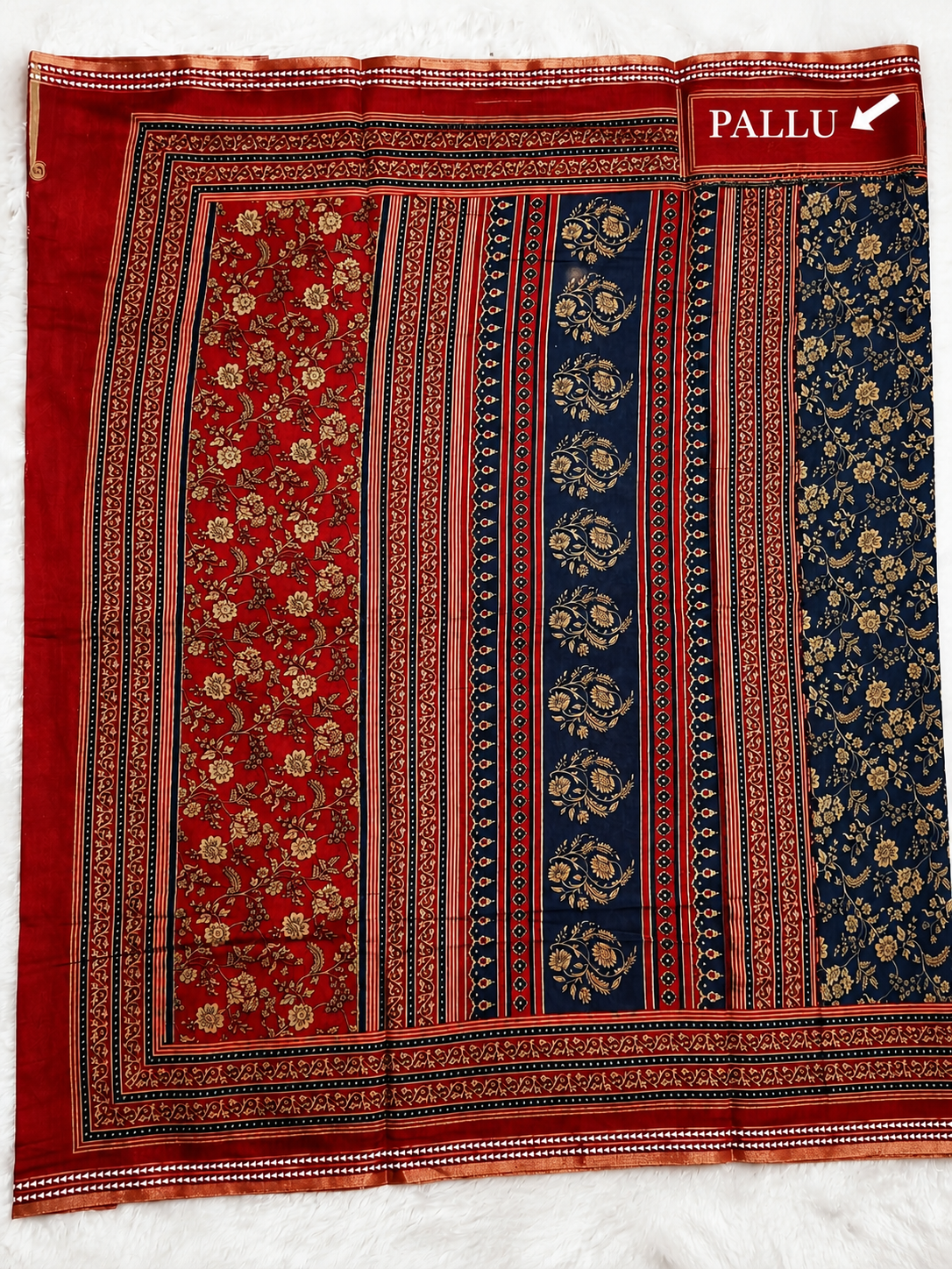Mul Cotton Saree — Navy Blue Ajrakh Block Print | With Blouse Piece