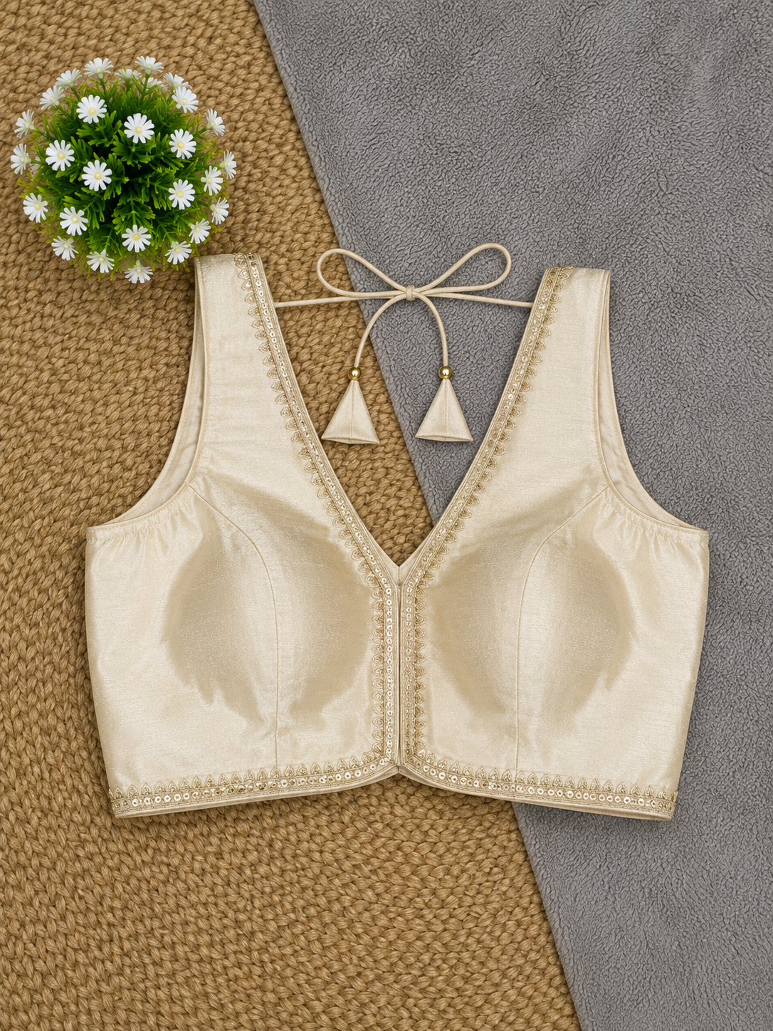 Sleeveless Silk Saree Blouse — Deep V Neck | 23 Colours | Antique Gold Trim