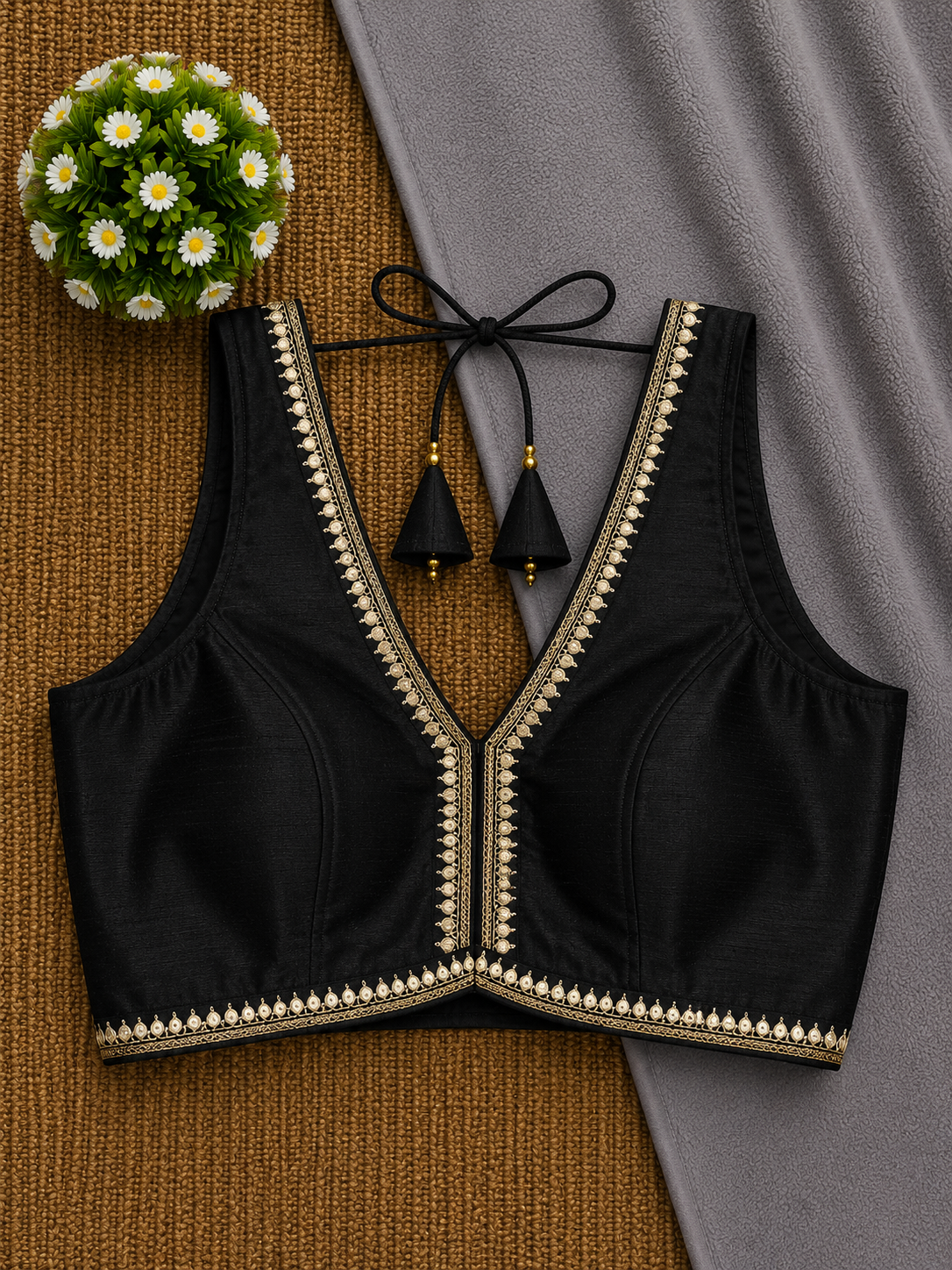 Sleeveless Silk Saree Blouse — Deep V Neck | 23 Colours | Antique Gold Trim