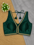 Sleeveless Silk Saree Blouse — Deep V Neck | 23 Colours | Antique Gold Trim