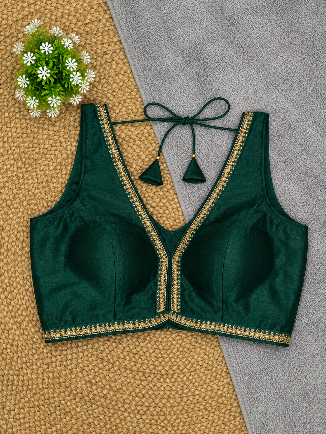 Sleeveless Silk Saree Blouse — Deep V Neck | 23 Colours | Antique Gold Trim