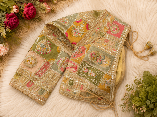 Gold Multicolour Silk Designer Blouse — Full Sleeve Patchwork Embroidery Bridal Blouse