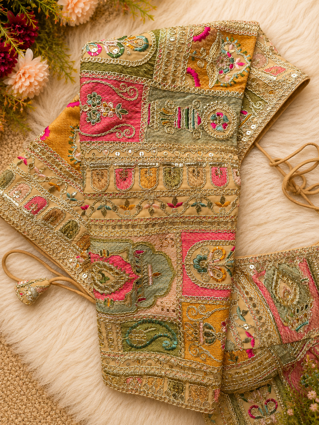 Gold Multicolour Silk Designer Blouse — Full Sleeve Patchwork Embroidery Bridal Blouse