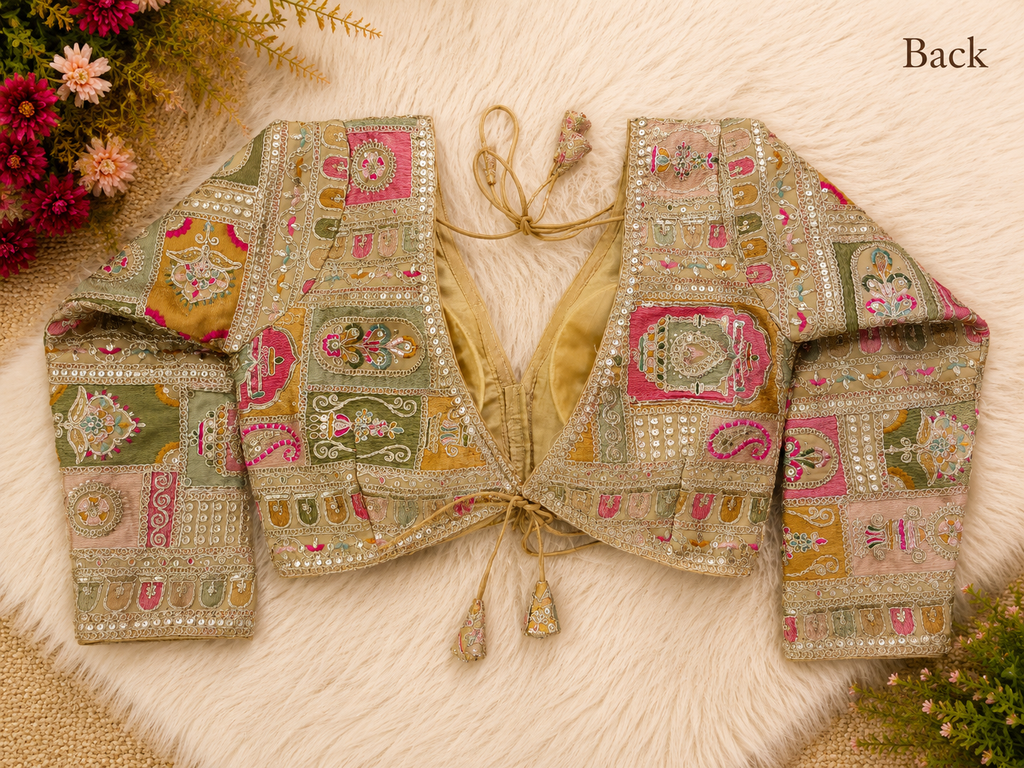Gold Multicolour Silk Designer Blouse — Full Sleeve Patchwork Embroidery Bridal Blouse