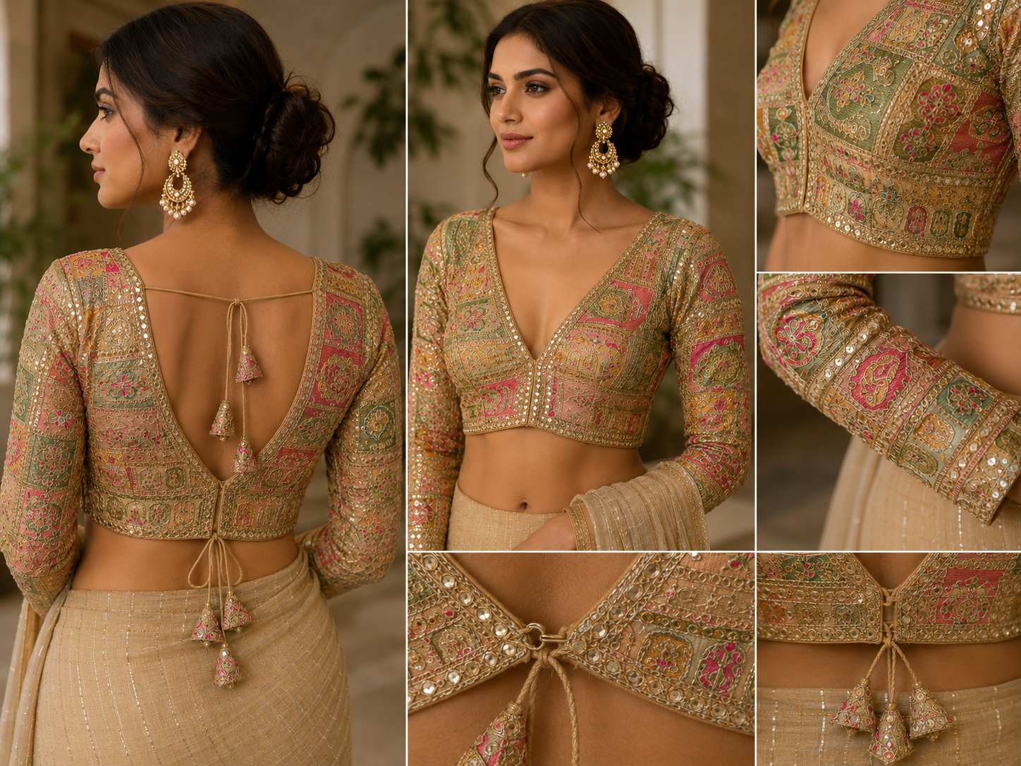 Gold Multicolour Silk Designer Blouse — Full Sleeve Patchwork Embroidery Bridal Blouse