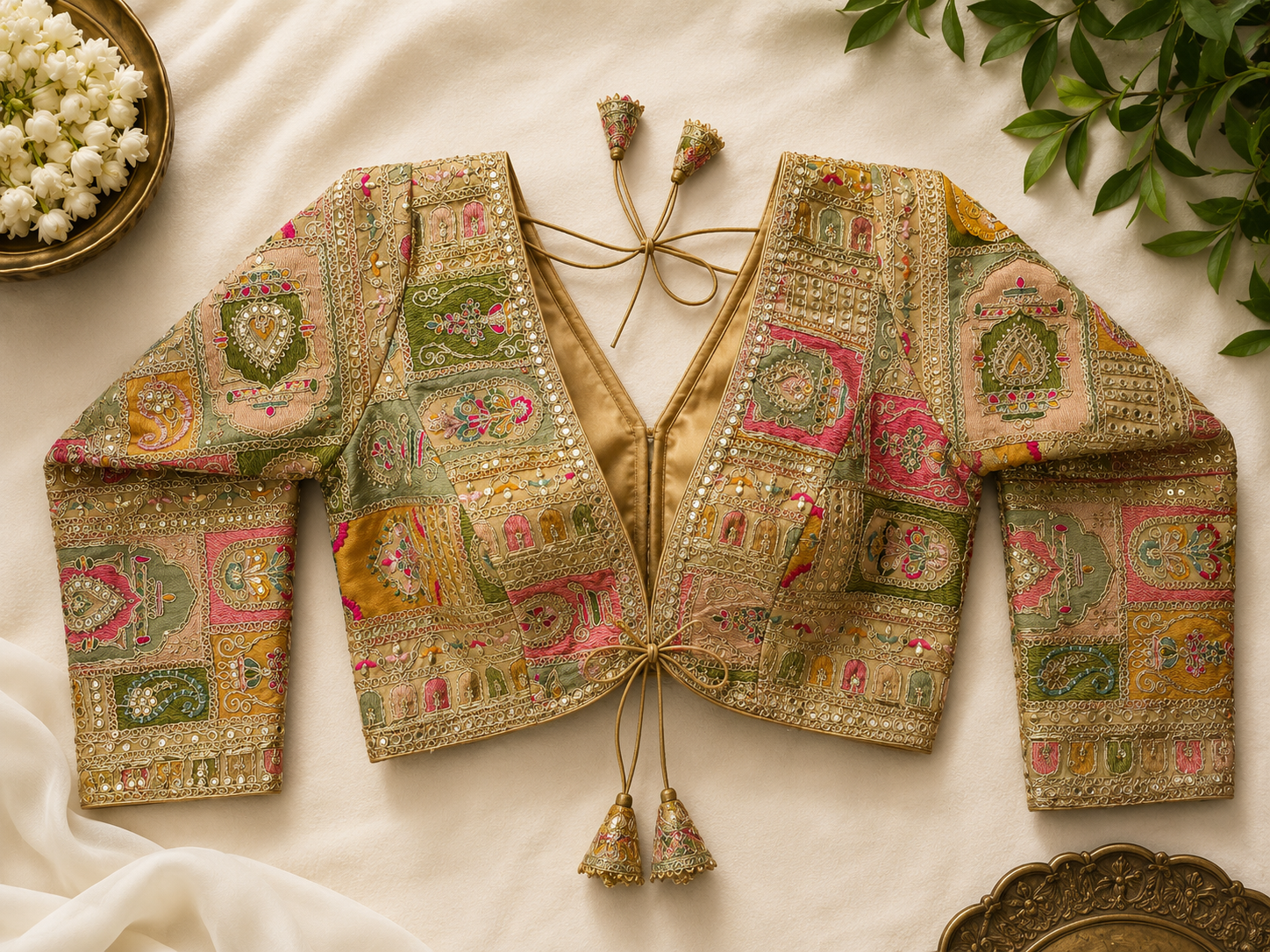 Gold Multicolour Silk Designer Blouse — Full Sleeve Patchwork Embroidery Bridal Blouse