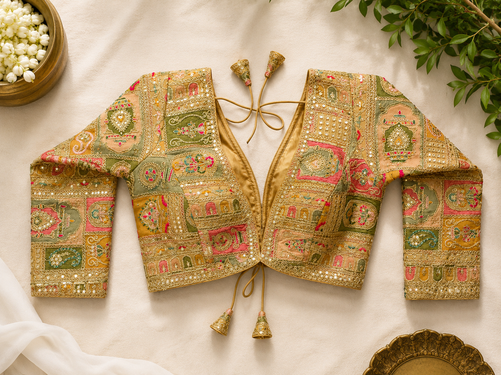 Gold Multicolour Silk Designer Blouse — Full Sleeve Patchwork Embroidery Bridal Blouse