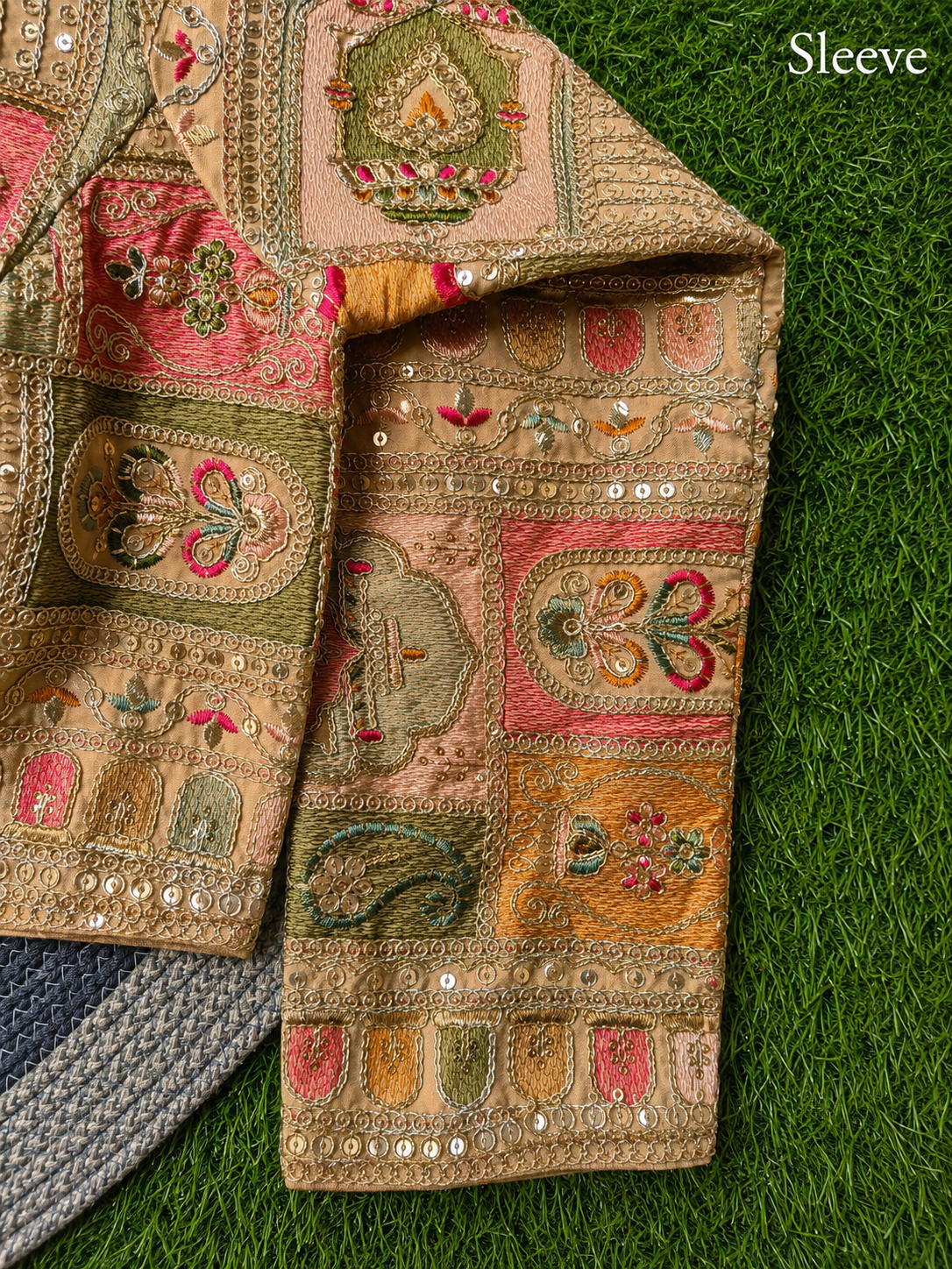 Gold Multicolour Silk Designer Blouse — Full Sleeve Patchwork Embroidery Bridal Blouse