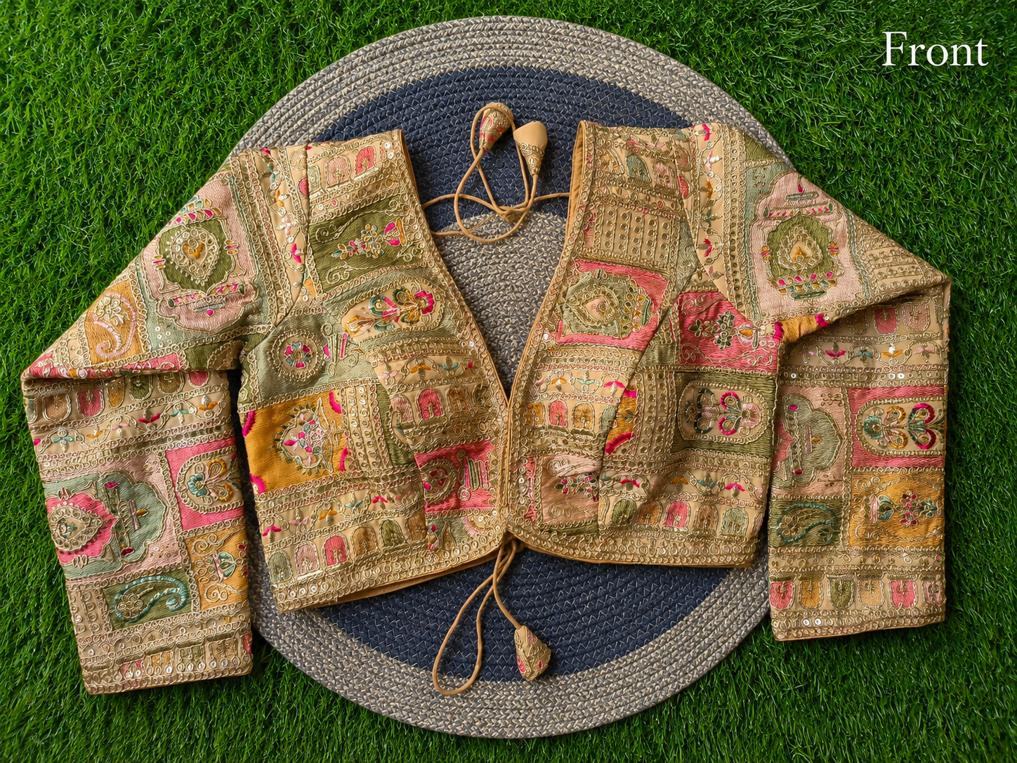 Gold Multicolour Silk Designer Blouse — Full Sleeve Patchwork Embroidery Bridal Blouse
