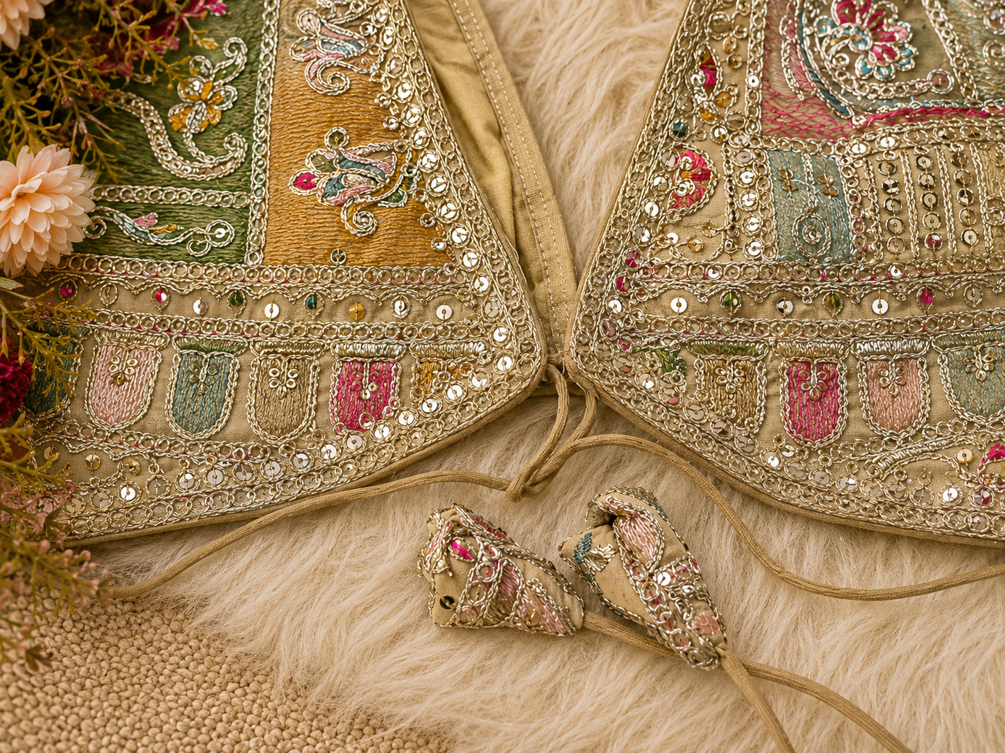 Gold Multicolour Silk Designer Blouse — Full Sleeve Patchwork Embroidery Bridal Blouse