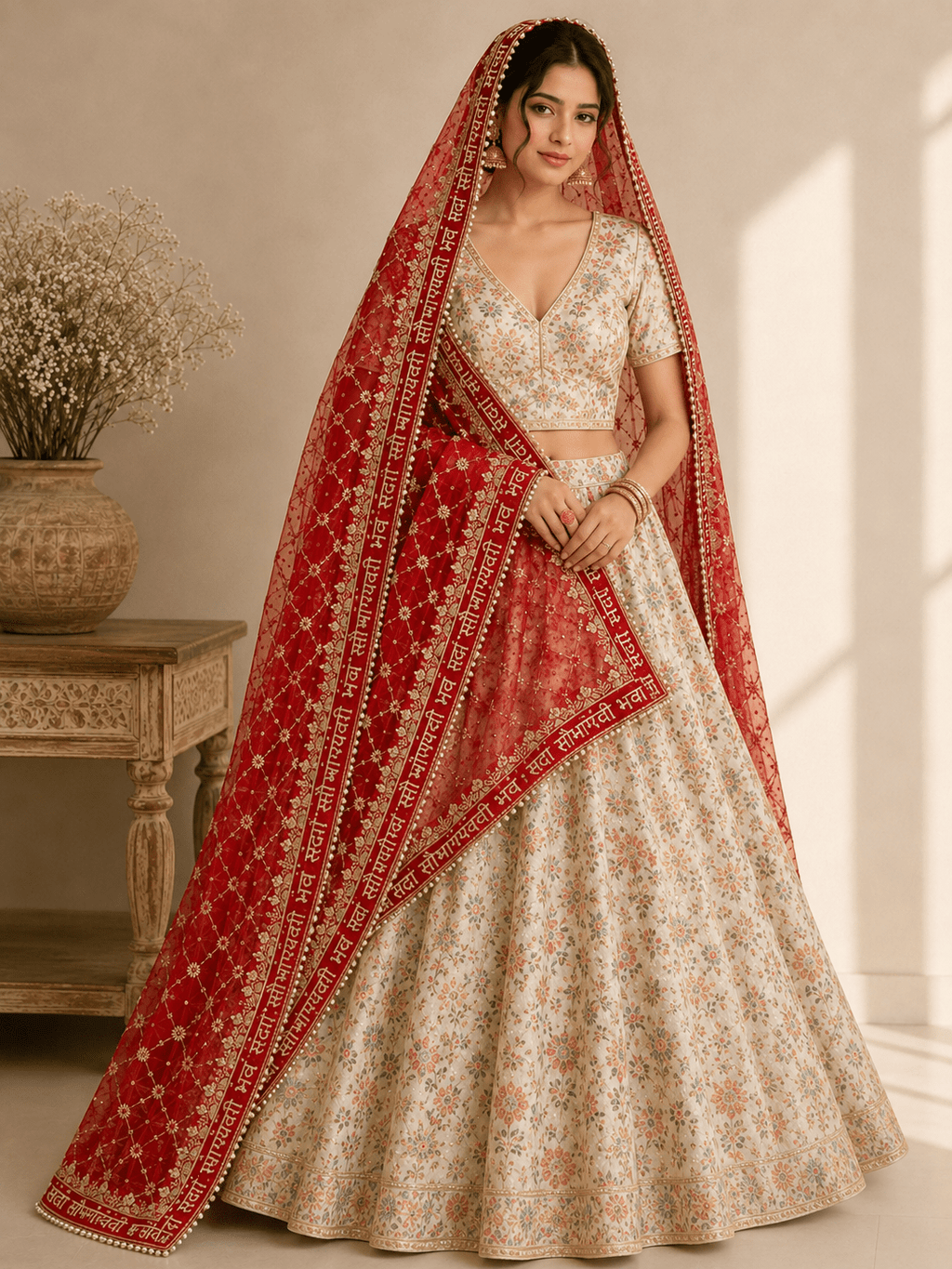 Indian model wearing red net bridal dupatta with gold zardozi jaal work and Sada Saubhagyavati Bhava Sanskrit border paired with white floral lehenga