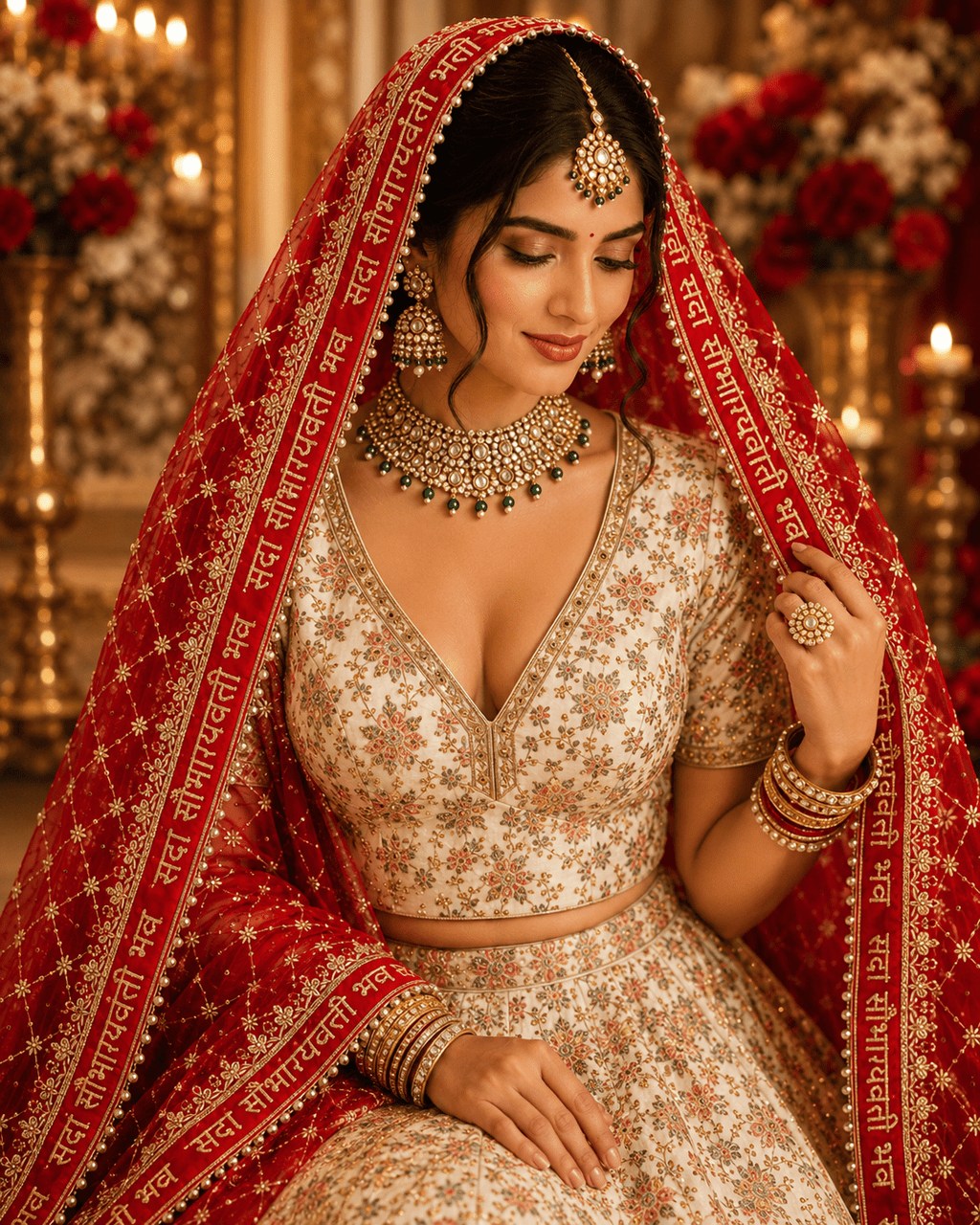 Indian bride in bridal jewellery wearing red gold zardozi dupatta with Sada Saubhagyavati Bhava Sanskrit blessing embroidered border draped over head