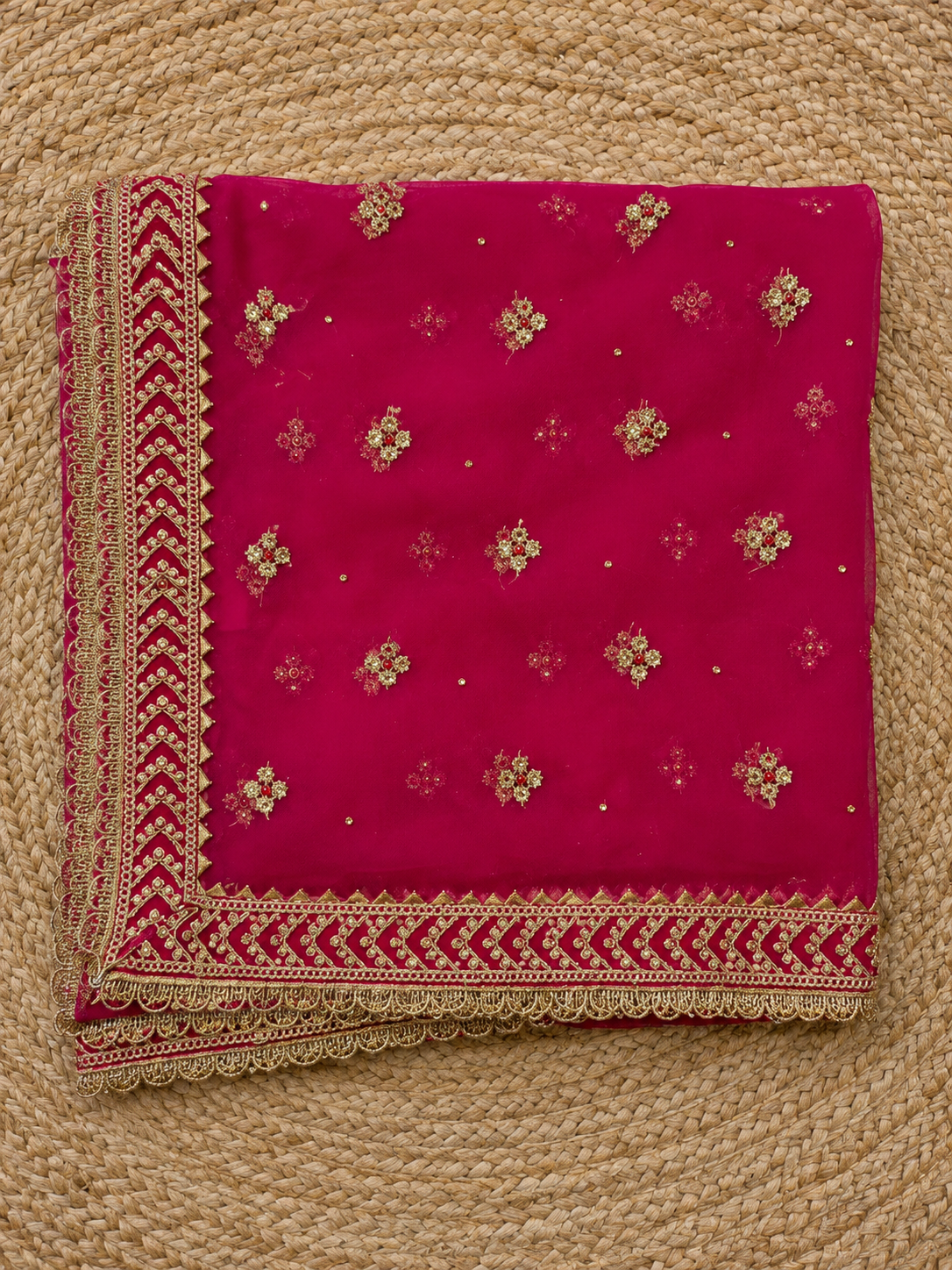 Magenta Pink Net Dupatta — Gold Floral Booti with Chevron Lace Border