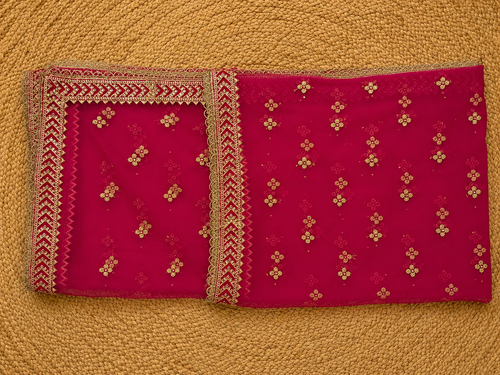 Magenta Pink Net Dupatta — Gold Floral Booti with Chevron Lace Border