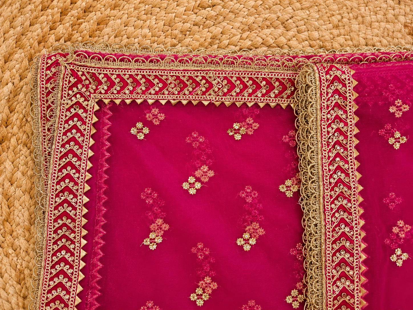 Magenta Pink Net Dupatta — Gold Floral Booti with Chevron Lace Border