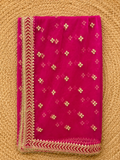 Magenta Pink Net Dupatta — Gold Floral Booti with Chevron Lace Border