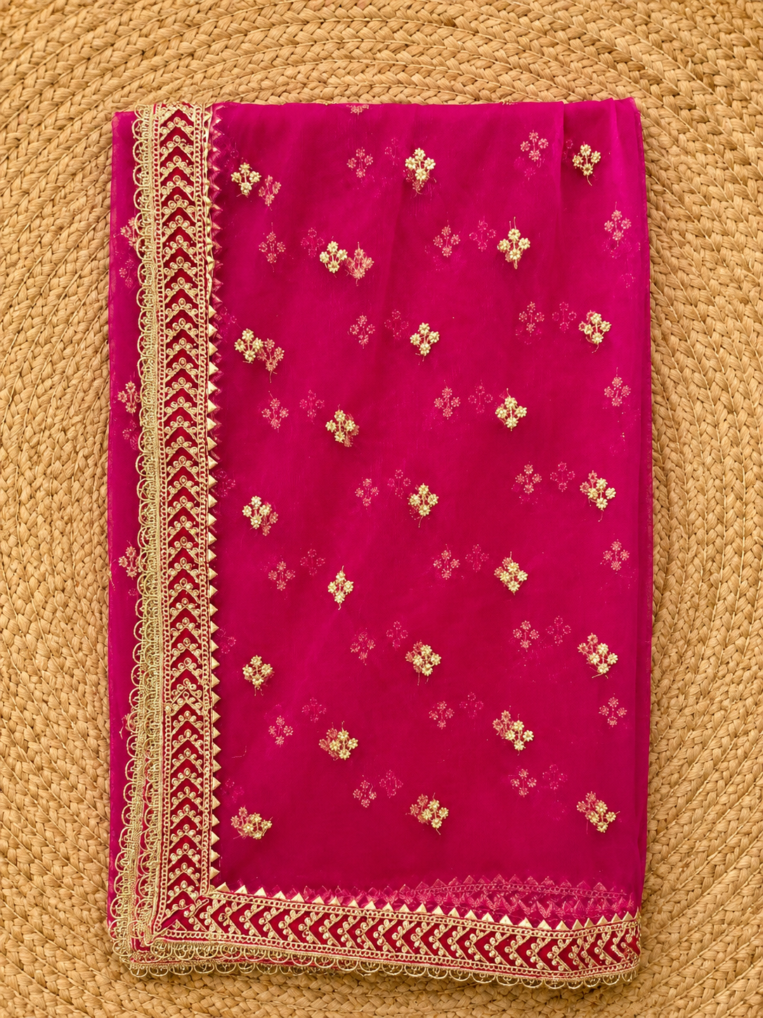 Magenta Pink Net Dupatta — Gold Floral Booti with Chevron Lace Border