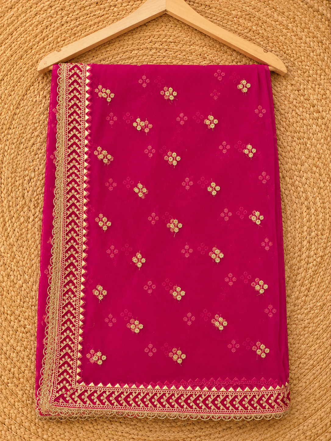 Magenta Pink Net Dupatta — Gold Floral Booti with Chevron Lace Border